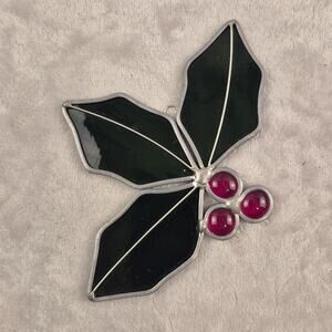 Vtg Christmas Holly Plant Stained Glass Suncatcher Hand Made Window Decoration